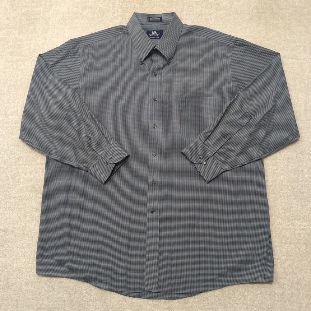 Stafford Dress Shirt Mens 18 34/35 Blue Micro Check Wrinkle Free Button Down Vtg - Picture 2 of 11